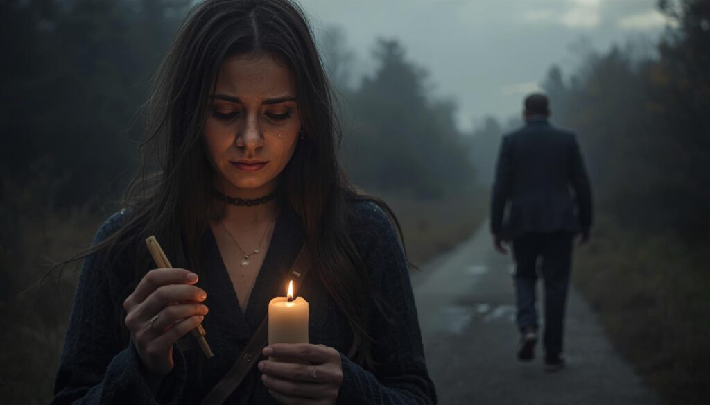 donna con candela dopo una rottura mentre pensa a un legamento d’amore fai da te