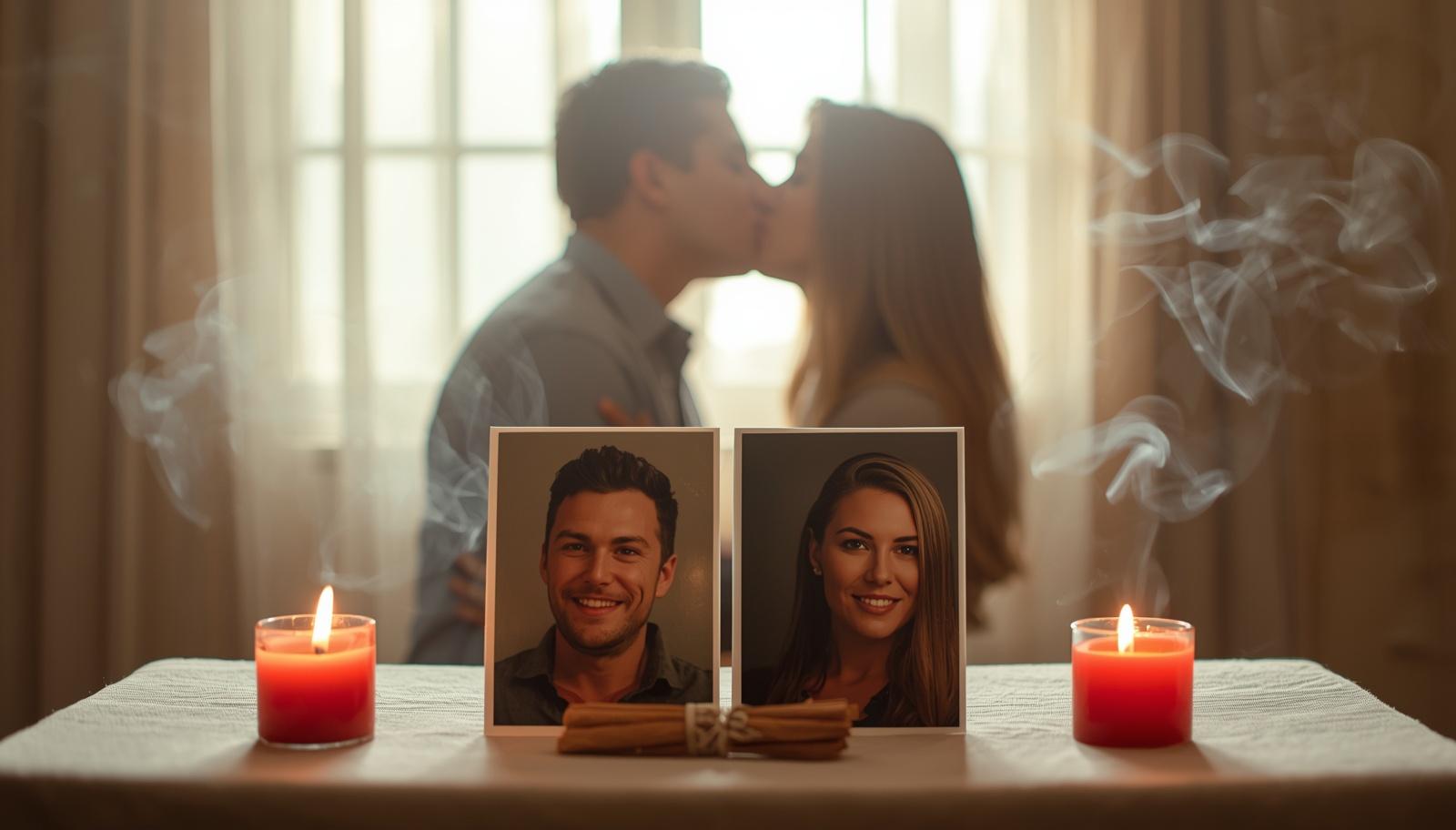 Legamenti d’amore con candele e foto di una coppia durante un rituale simbolico