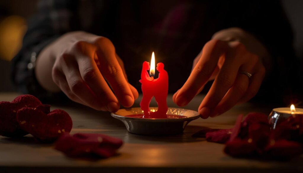 Candela rossa a forma di coppia utilizzata in un rituale simbolico per i legamenti d’amore