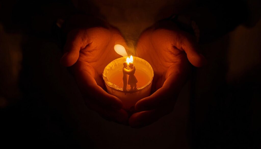 mani che proteggono una candela con coppia simbolica nei legamenti d’amore