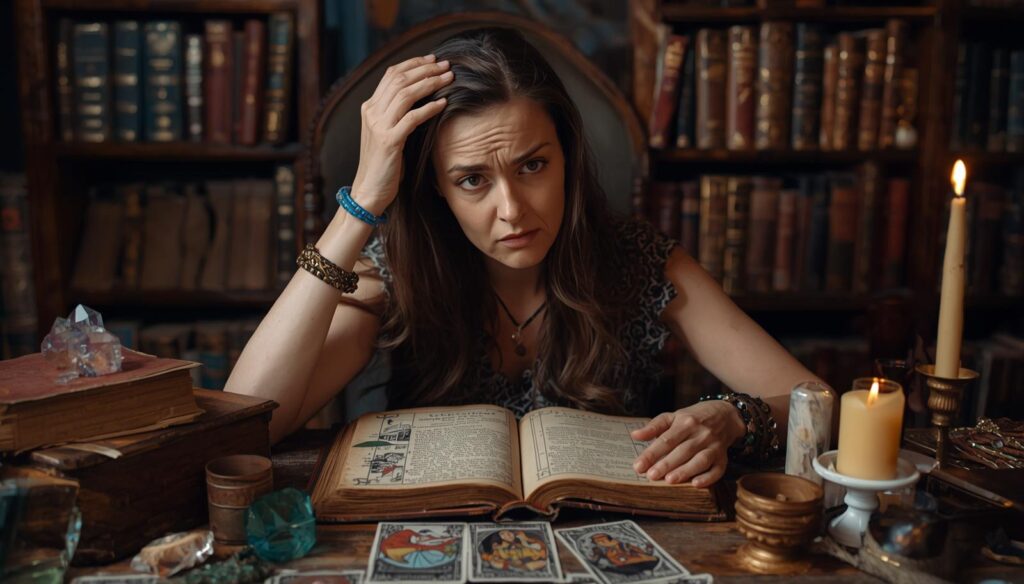 donna confusa con libro rituali errori legamenti d’amore fai da te