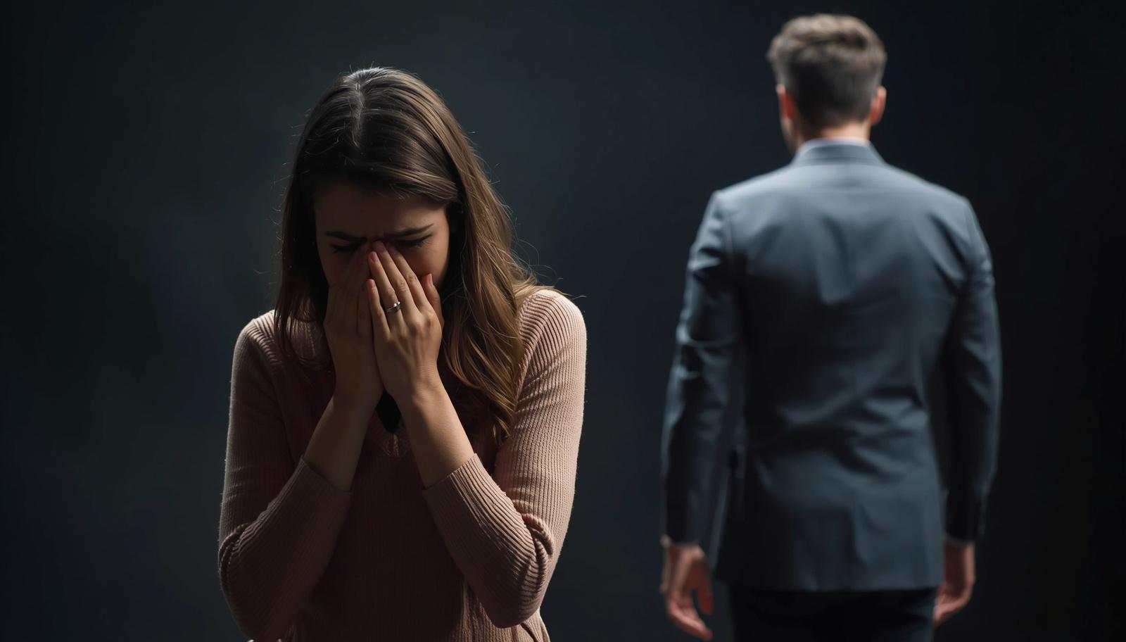 donna preoccupata mentre uomo si allontana relazione crisi errori legamenti d’amore