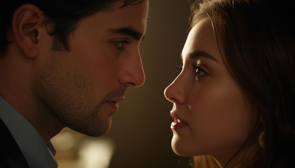Sguardo intenso tra due persone che rappresenta una connessione emotiva nei legamenti d’amore