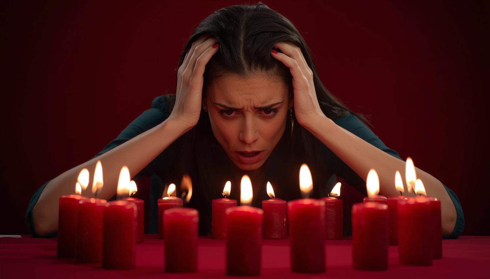 donna preoccupata davanti a candele rosse durante un legamento d’amore che non funziona