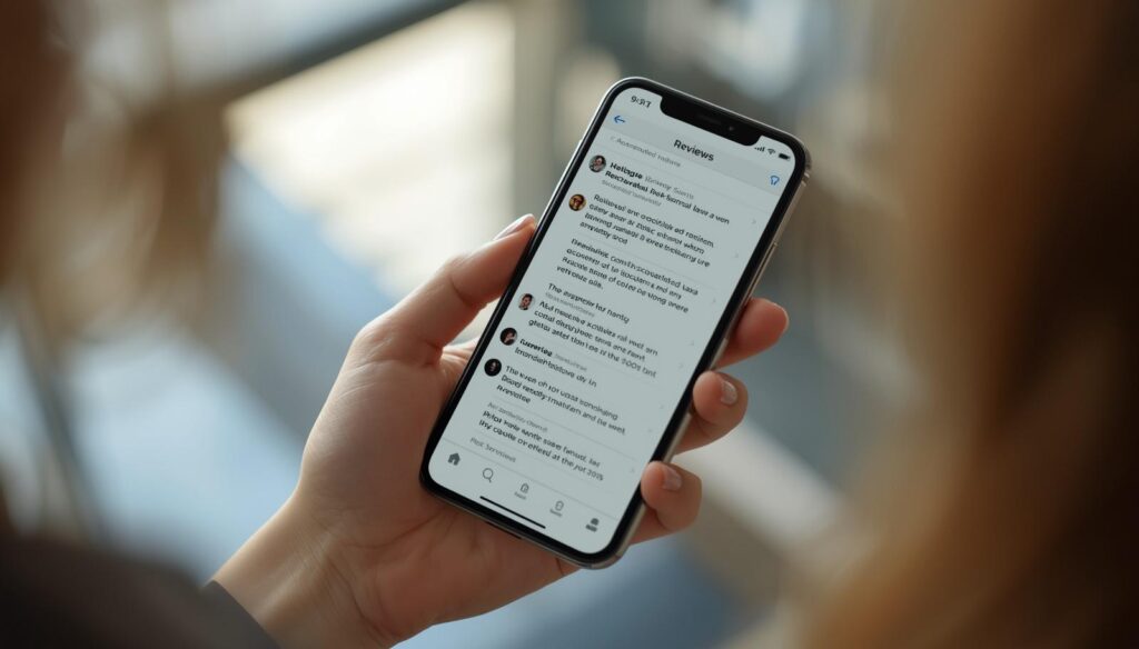 persona che legge recensioni online sui legamenti d’amore da smartphone