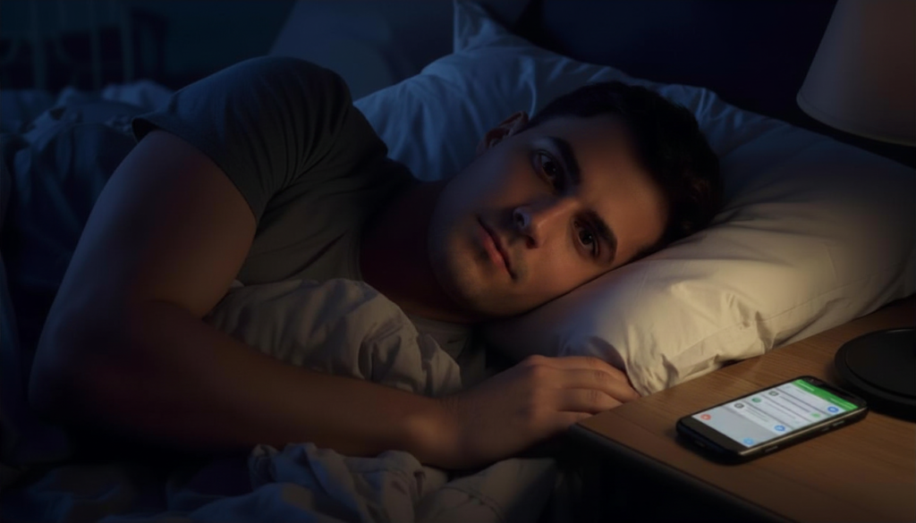 Uomo a letto di notte che aspetta un messaggio dall’ex dopo una rottura amorosa