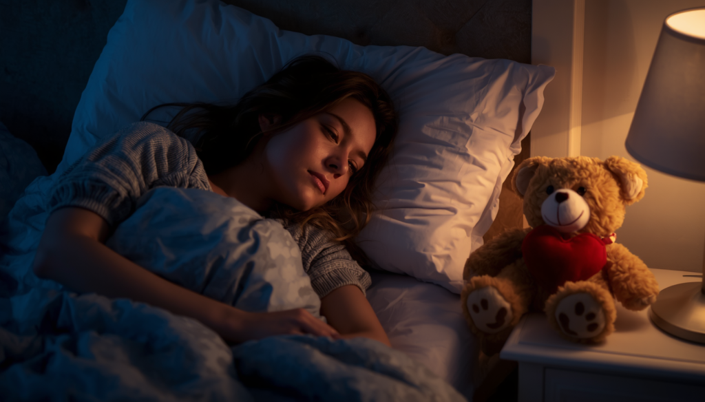 Donna sveglia di notte che guarda un peluche ricordando il suo ex e chiedendosi se tornerà