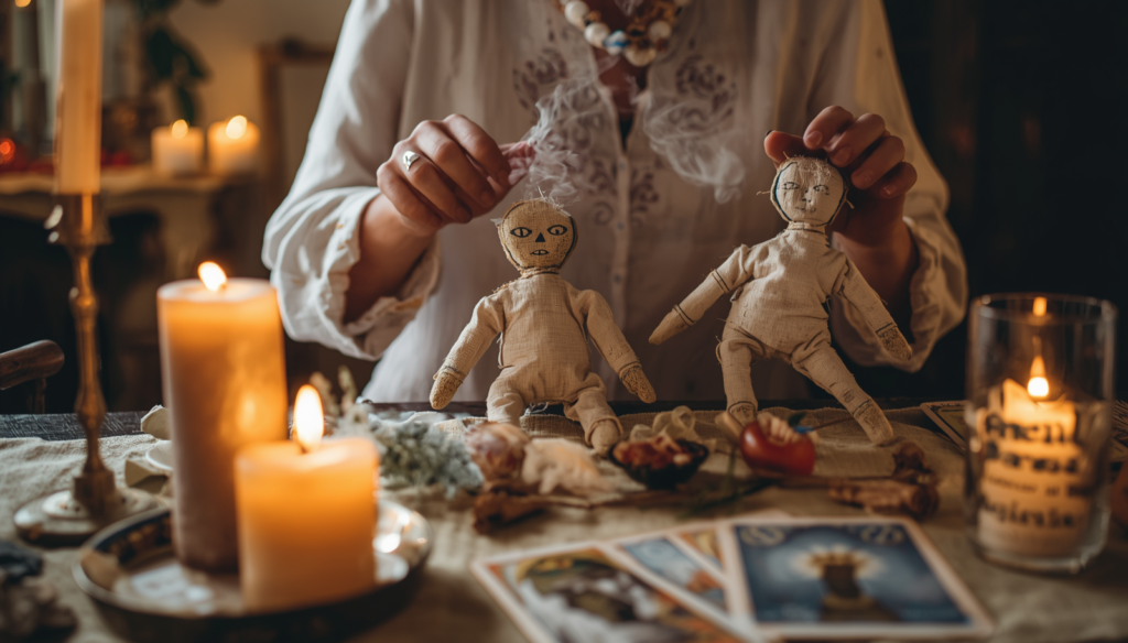 Rituale spirituale con candele, tarocchi e bambole simboliche per riconquistare un ex