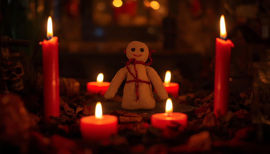 Rituale esoterico con bambola simbolica e candele rosse per rappresentare i legamenti d’amore