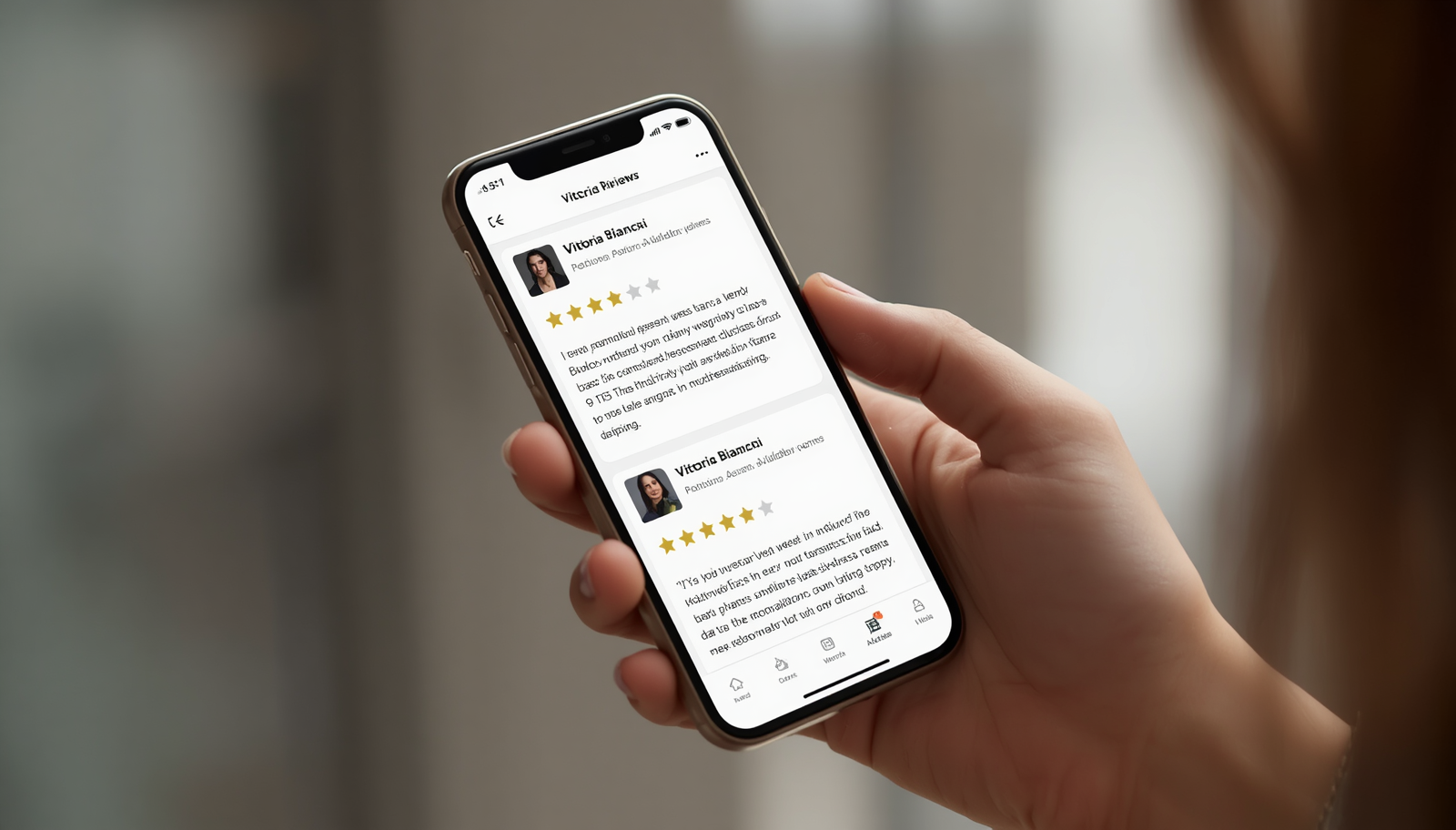 Donna che legge opinioni e recensioni su Vittoria Bianchi dal telefono