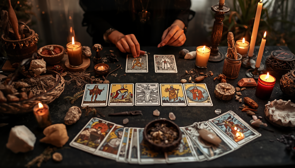 Operatrice esoterica che prepara un rituale personalizzato con tarocchi, candele ed elementi spirituali
