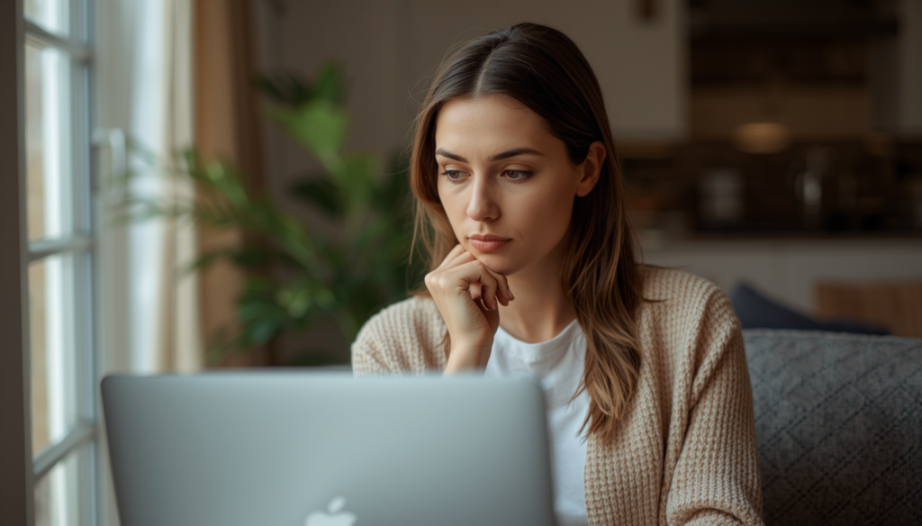 Donna pensierosa che valuta opinioni online su Vittoria Bianchi dal computer